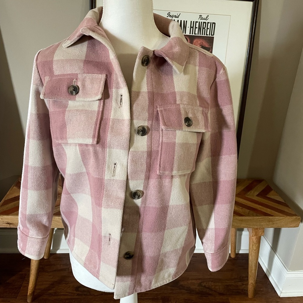 Old Navy Pink and Cream Buffalo Plaid Button-Up Shacket